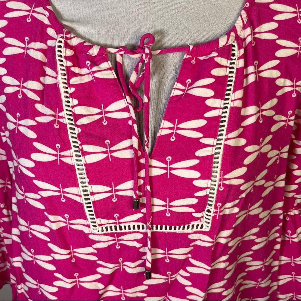 Pappagallo Sz L Pink White Dragon Fly Bell Sleeve Blouse Top Tunic Beach Resort - Picture 3 of 13